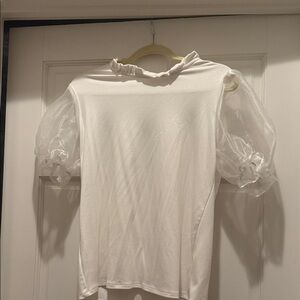 Gibson Sheer Puff Sleeve Ruffle Neck White Top